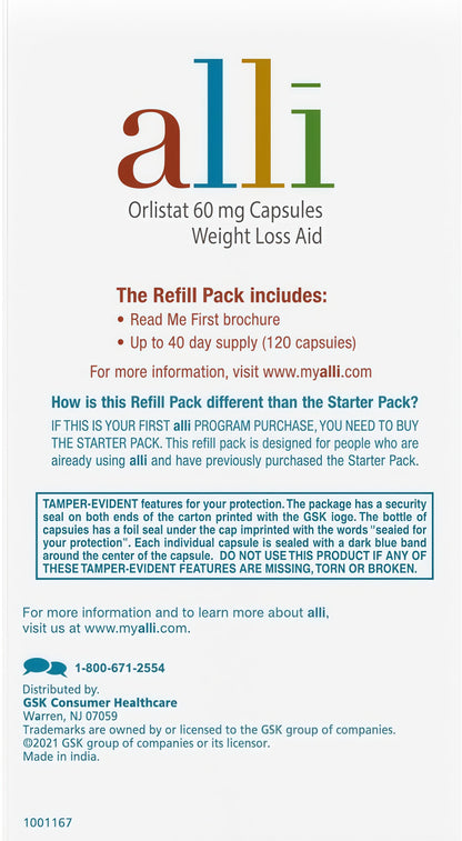 alli Weight Loss Diet Pills, Orlistat 60 mg Capsules, Non Prescription Weight Loss Aid, 120 Count Refill Pack